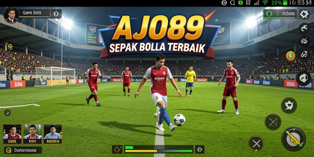 Screenshot utama AJO89 menampilkan aksi intens di lapangan sepak bola.