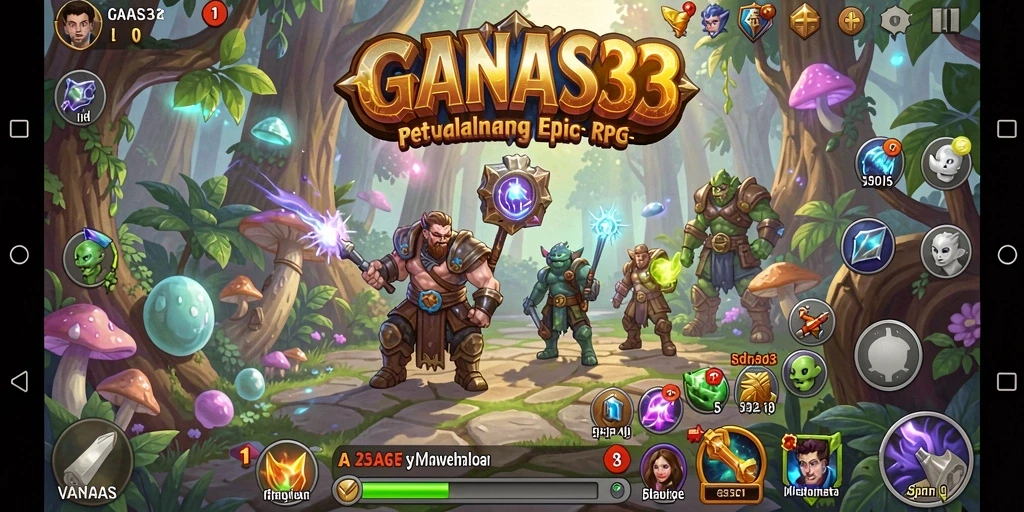 Screenshot utama GANAS33 menampilkan aksi pertarungan RPG yang mendebarkan.