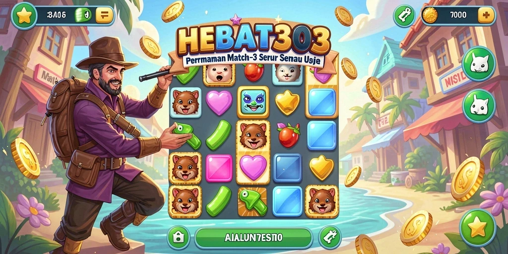 Screenshot HEBAT303 menampilkan gameplay seru Match-3 dengan berbagai permata berwarna.