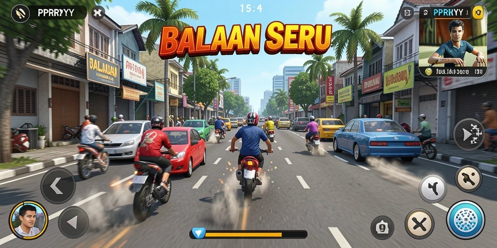 Screenshot gameplay PPRRYY menunjukkan aksi balapan seru di jalanan.