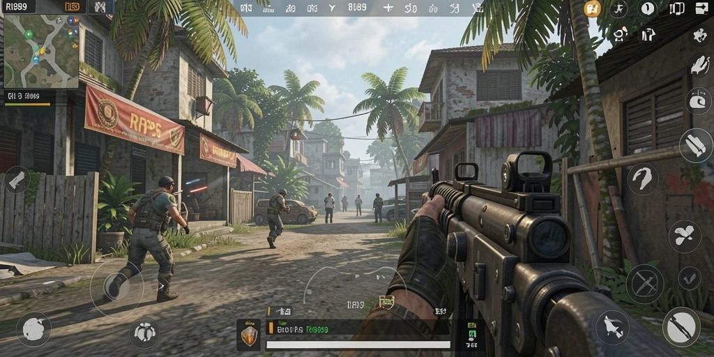 Screenshot gameplay di RI889 menunjukkan aksi tembak-menembak yang intens.
